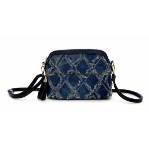 Dasein Denim Jean Blue Crossbody Purse Quilted Fringe Tassel Gold Hardware
